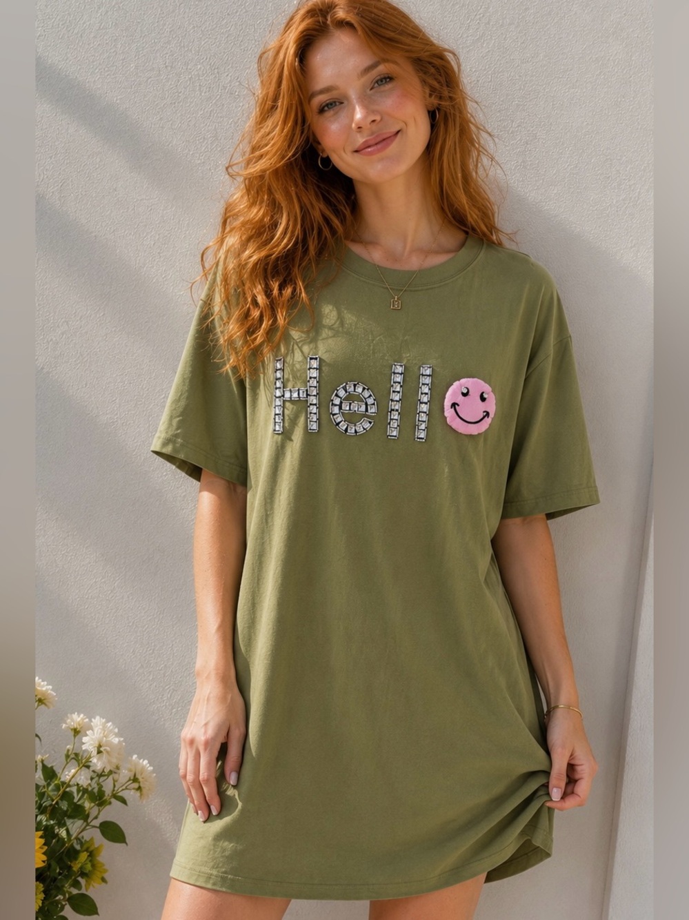 EASEL Olive Green Graphic DRESS with Hello Pink Smiley Patch